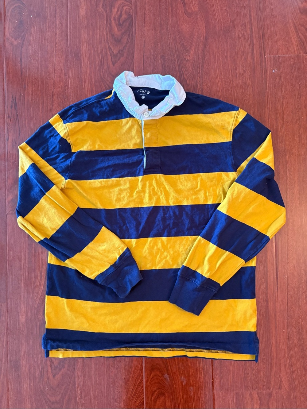 J. Crew Men's Navy and Yellow Striped Rugby Shirt with White Collar